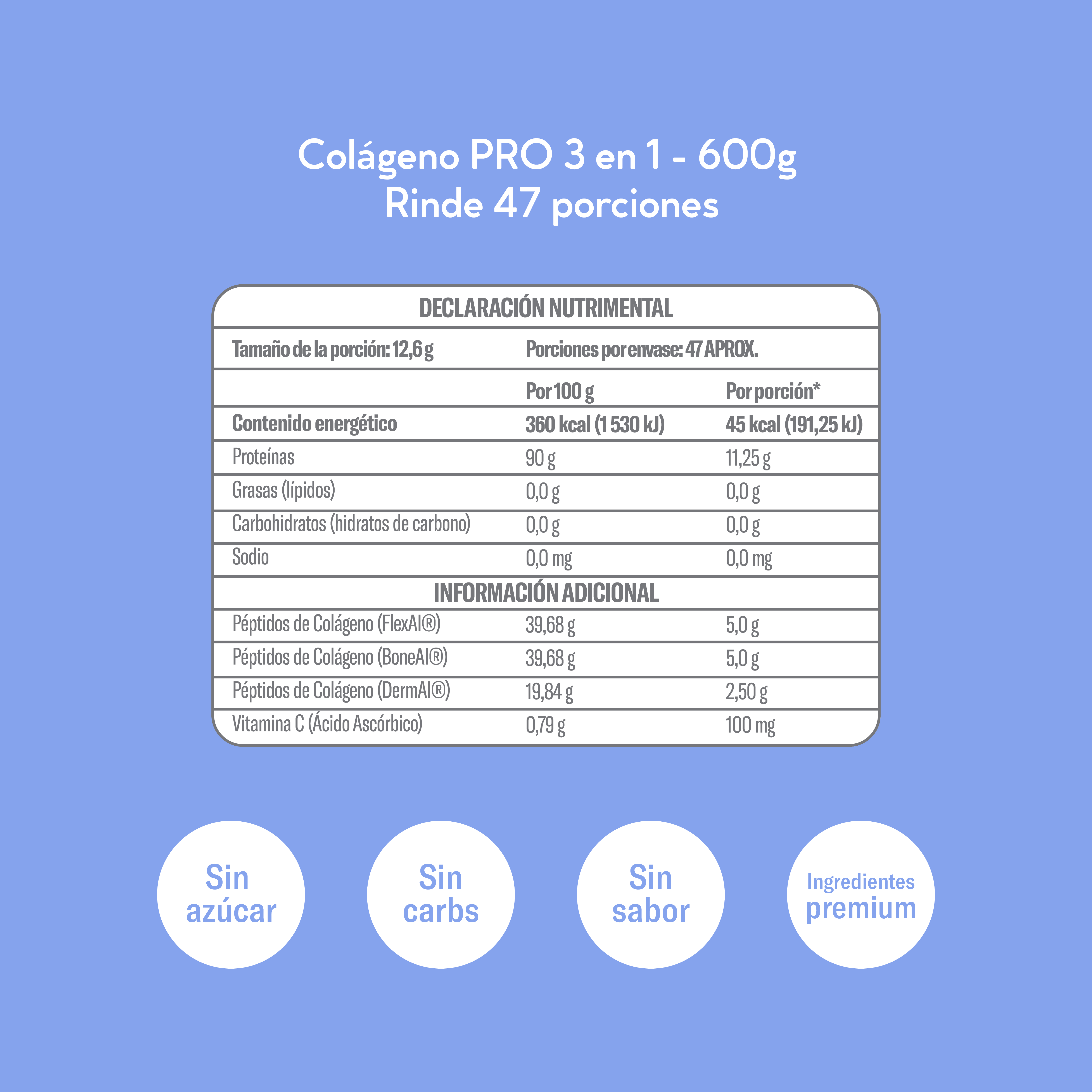 Colágeno PRO 3 en 1 Wonu – 12.5 g de péptidos por porción, sin azúcar y con vitamina C