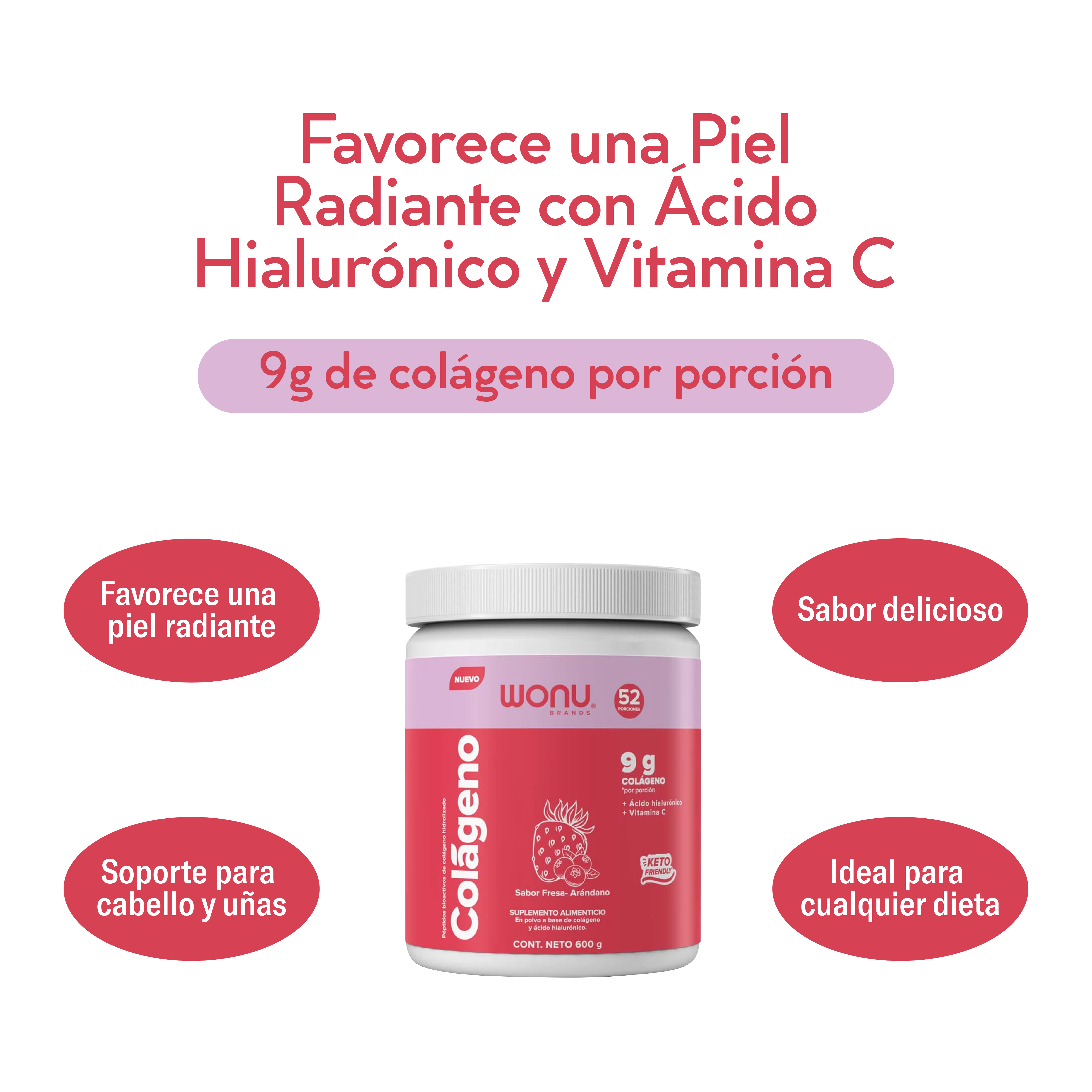 Colágeno Hidrolizado Fresa Arándano- 9g de Colágeno, Ácido Hialurónico y Vitamina C